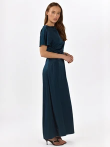 KÆRIA Hus Bias Cut Fluted Short Sleeve Maxi Dress - Dark Teal - Fluid Satin, Elegant, Minimalist, Evening, Party, Dinner, Night, Cocktail, Date, Classic - Navy Blue - View 3