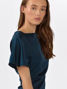 KÆRIA Hus Bias Cut Fluted Short Sleeve Maxi Dress - Dark Teal - Fluid Satin, Elegant, Minimalist, Evening, Party, Dinner, Night, Cocktail, Date, Classic - Navy Blue - View 6