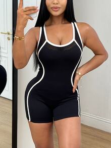 SHEIN Sports Women's Colorblock Casual Daily Travel Sports Romper - Black and White - View 2