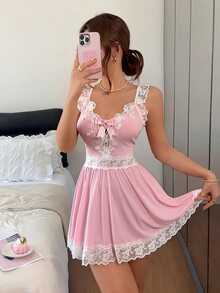 Dream Adore Embroidered Lace Patchwork Ribbed Ice Silk V-Neck Criss-Cross Hollow Out Design Sexy Backless Women's Nightgown - Pink - View 4