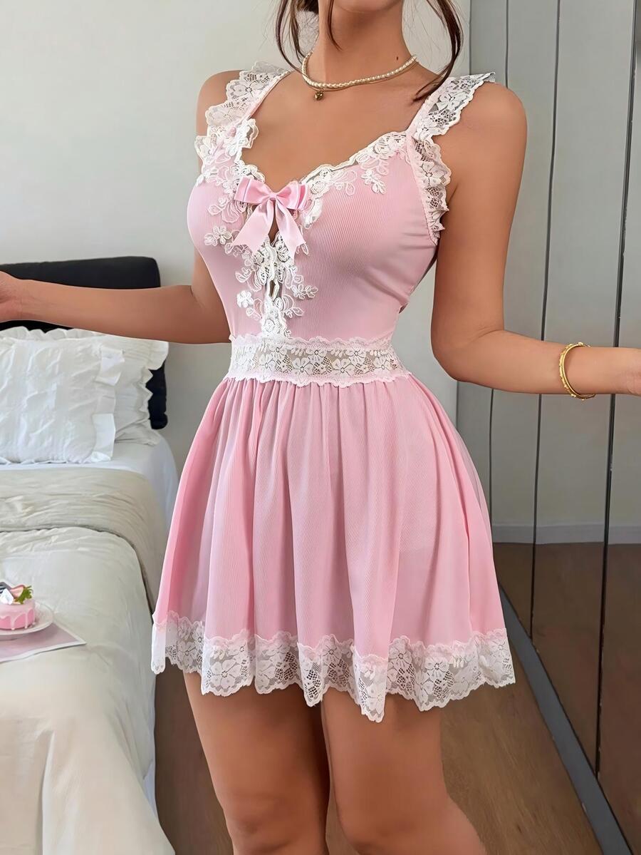 Dream Adore Embroidered Lace Patchwork Ribbed Ice Silk V-Neck Criss-Cross Hollow Out Design Sexy Backless Women's Nightgown - Pink - View 1