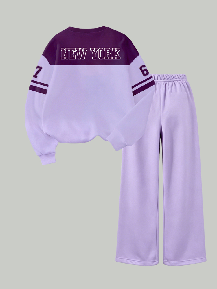 Autumn/Winter Girls Toddler Fashion Creative New York 67 Badge & Star Pattern Crew Neck Sweatshirt + Wide Leg Pants 2 Pieces Set, Sporty Casual Daily American Retro - Multicolor - View 2