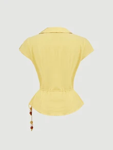 SHEIN MOD 女款時尚浪漫淡黃色夏季上衣，優雅綁帶不對稱下擺襯衫，適合早午餐度假，復古鄉村風穿搭，上班穿著 - 黃色 - 查看 4