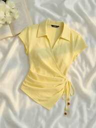 SHEIN MOD Women's Chic Romantic Pale Yellow Summer Top,Elegant Tie-Up Asymmetric Hem Shirt For Brunch Vacation,Retro Vintage Cottagecore Outfits,Office Wear