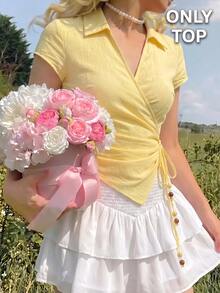SHEIN MOD 女款時尚浪漫淡黃色夏季上衣，優雅綁帶不對稱下擺襯衫，適合早午餐度假，復古鄉村風穿搭，上班穿著 - 黃色 - 查看 9