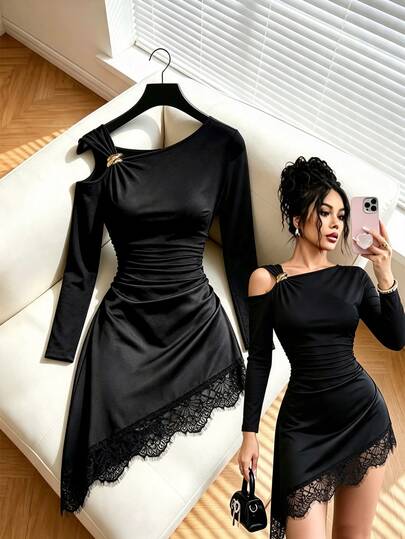 GlowEve Women's Elegant Sexy Metal Buckle Pleated Lace Patchwork Asymmetrical Hem Dress Night Out Black Autumn