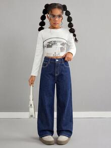 Tween Girl Solid Color Minimalist Loose Denim Long Jeans Suitable For Daily Outings, Vacation Photos, And Party - Dark Wash - View 6
