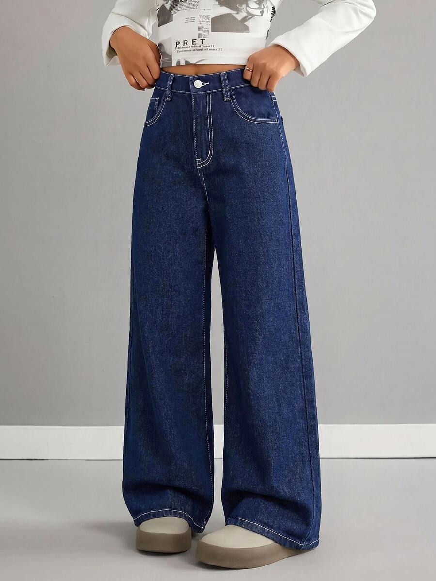 Tween Girl Solid Color Minimalist Loose Denim Long Jeans Suitable For Daily Outings, Vacation Photos, And Party - Dark Wash - View 1
