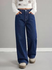 Tween Girl Solid Color Minimalist Loose Denim Long Jeans Suitable For Daily Outings, Vacation Photos, And Party - Dark Wash - View 5