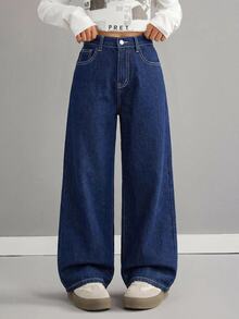Tween Girl Solid Color Minimalist Loose Denim Long Jeans Suitable For Daily Outings, Vacation Photos, And Party - Dark Wash - View 3