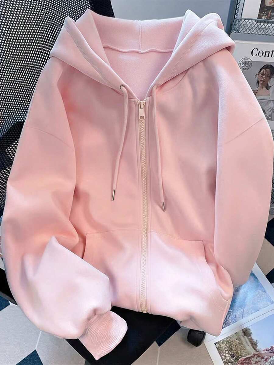 Resyla 大码女式纯色简约休闲长袖开衫 - 粉色 - 查看 1