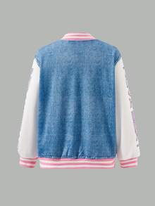 Tween Girls Jackets, Tween Girls' Fuzzy Patchwork Baseball Jacket, Pink And White Striped Ribbed Trim, Fall Winter, Sleeve, Long, Zip, Casual, Autumn - Multicolor - View 2