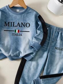 4-7歲小男孩運動休閒風仿丹寧質感 Milano Italia 字母印花長袖衛衣與運動長褲2件套套裝 - 彩色 - 查看 4