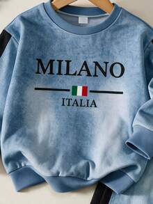 4-7歲小男孩運動休閒風仿丹寧質感 Milano Italia 字母印花長袖衛衣與運動長褲2件套套裝 - 彩色 - 查看 8