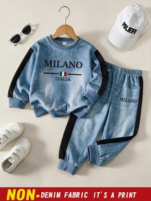 4-7歲小男孩運動休閒風仿丹寧質感 Milano Italia 字母印花長袖衛衣與運動長褲2件套套裝 - 彩色 - 查看 3