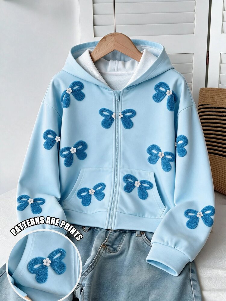 Tween Girls Sweatshirts, Light Blue Hooded Zip-Up Jacket With 3D Bow Decorations Pearl Flower Accents Full Front, Fall Winter, Casual, Autumn, Long - Blue - View 8