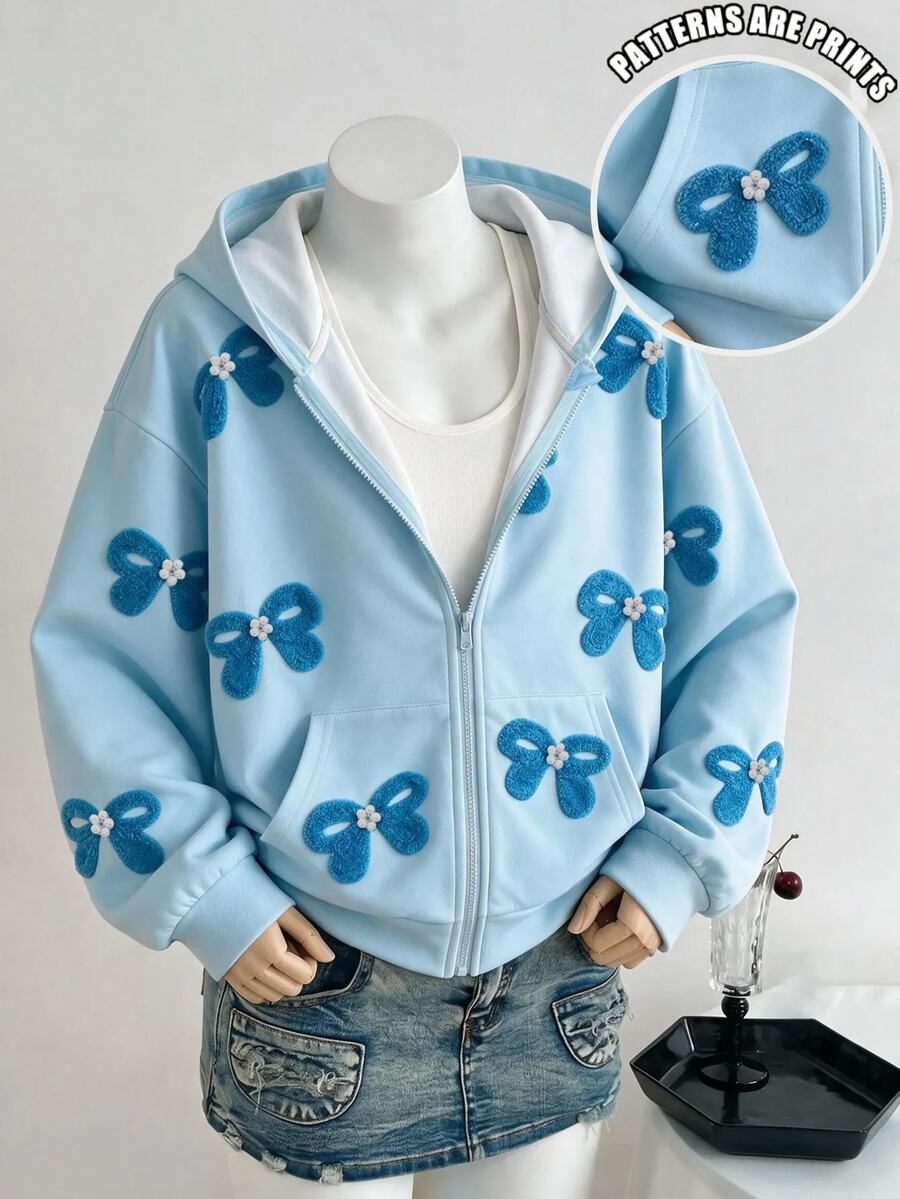 青少年女孩衛衣,淺藍色連帽拉鍊夾克,3D蝴蝶結裝飾珍珠花飾,全前開襟,秋冬休閒長款 - 藍色 - 查看 1