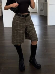 DAZY Women's High Waist Grey Plaid Plaid Pocket A-Line Loose Casual 1960s 70s Street Commute School Graduation Office Suit Shorts, Autumn/Summer - Brown - View 2
