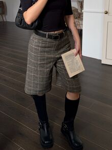 DAZY Women's High Waist Grey Plaid Plaid Pocket A-Line Loose Casual 1960s 70s Street Commute School Graduation Office Suit Shorts, Autumn/Summer - Brown - View 4