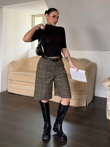 DAZY Women's High Waist Grey Plaid Plaid Pocket A-Line Loose Casual 1960s 70s Street Commute School Graduation Office Suit Shorts, Autumn/Summer - Brown - View 8
