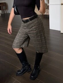 DAZY Women's High Waist Grey Plaid Plaid Pocket A-Line Loose Casual 1960s 70s Street Commute School Graduation Office Suit Shorts, Autumn/Summer - Brown - View 5