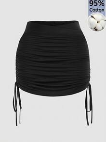 SHEIN EZwear 女款性感純色交叉腰褶皺綁帶針織迷你裙 外出穿搭款 黑色 秋季 - 黑色 - 查看 1