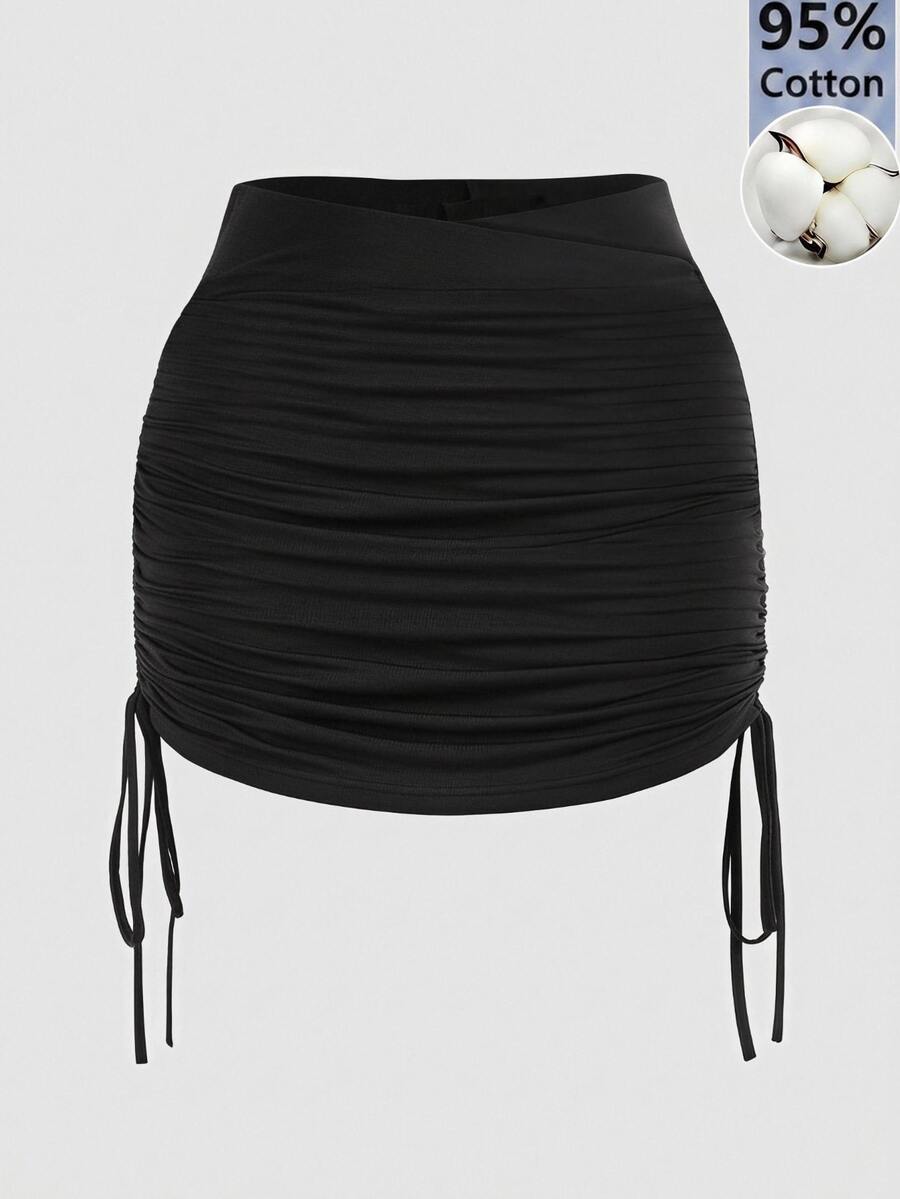 SHEIN EZwear 女款性感純色交叉腰褶皺綁帶針織迷你裙 外出穿搭款 黑色 秋季 - 黑色 - 查看 1