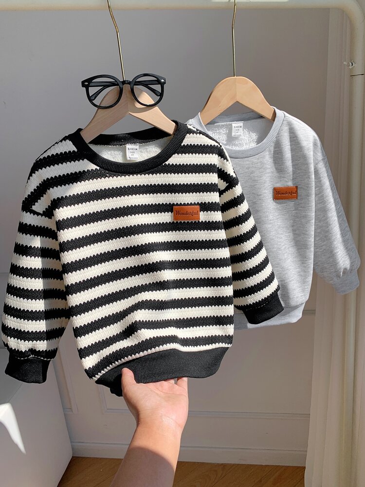 SHEIN 2pcs/Set Baju Pullover Lengan Panjang Leher Bulat Lembut Rajut Tenun Musim Gugur/Dingin untuk Anak Laki-laki, Baju Sweatshirt Serbaguna dan Nyaman untuk Anak Laki-laki, Sweatshirt Berlapisan Bulu, Sweatshirt Bergaris, Sweatshirt Abu-abu, Sweatshirt Musim Gugur/Dingin - MultiWarna - View 7