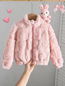 SHEIN Young Girl Young Girl Young Girl Young Girl Young Girl LMoss Girl 可愛休閒立領夾克，愛心圖案，適合秋冬穿著 - 粉色 - 查看 3