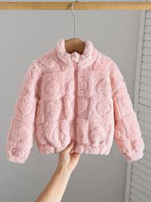 SHEIN Young Girl Young Girl Young Girl Young Girl Young Girl LMoss Girl 可愛休閒立領夾克，愛心圖案，適合秋冬穿著 - 粉色 - 查看 4