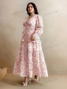 Anewsta فستان نسائي مقاس كبير للربيع والخريف، شيفون بطباعة زهور وتصميم باتشورك قابل للذوبان في الماء، أكمام طويلة وياقة V وحافة مكشكشة، مناسب للعطلات - وردي - مشاهدة 5