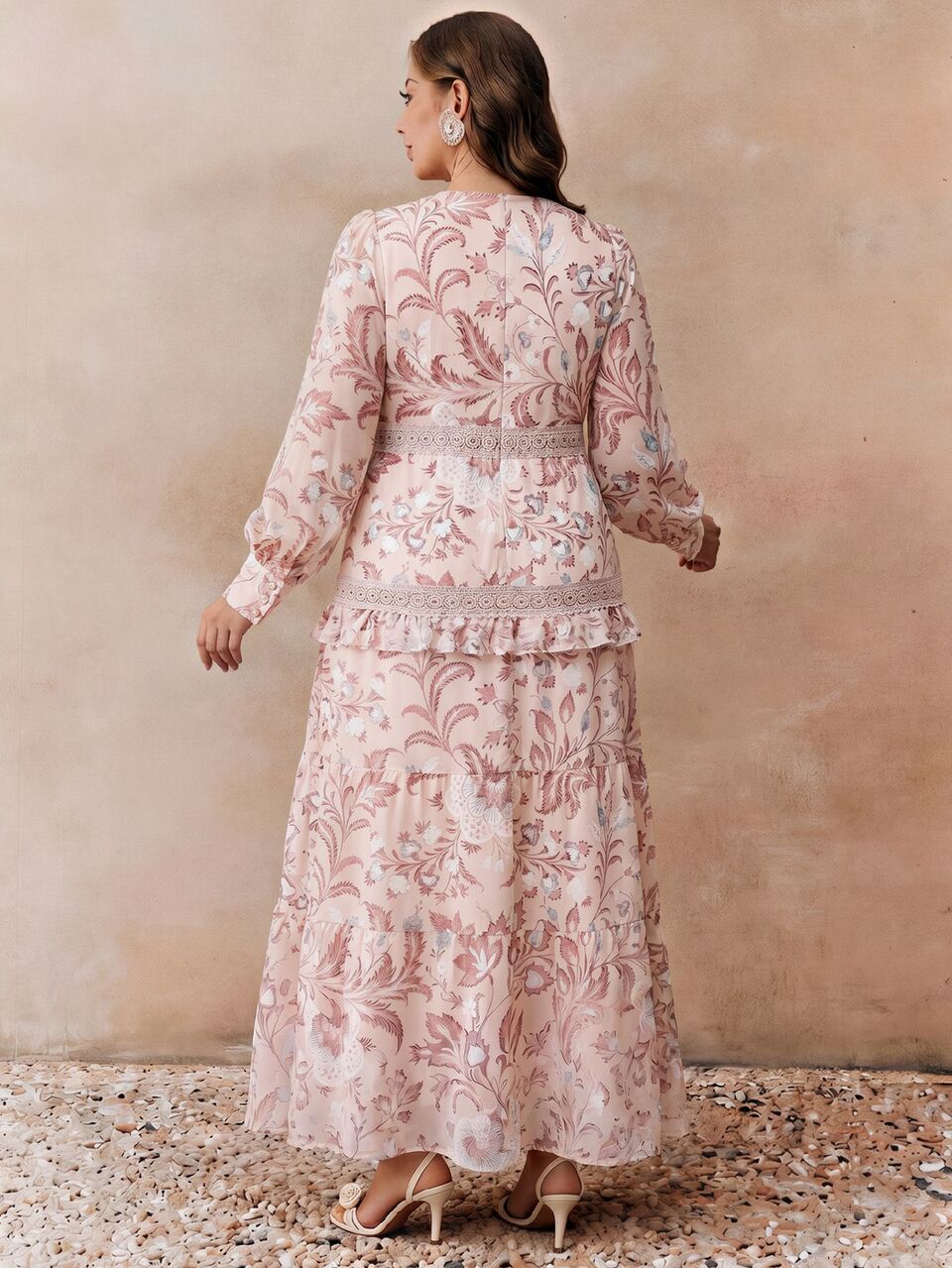 Anewsta Plus Size Women Spring Water-Soluble Patchwork Long Sleeve V-Neck Chiffon Floral Print Ruffle Hem Vacation Dress Fall