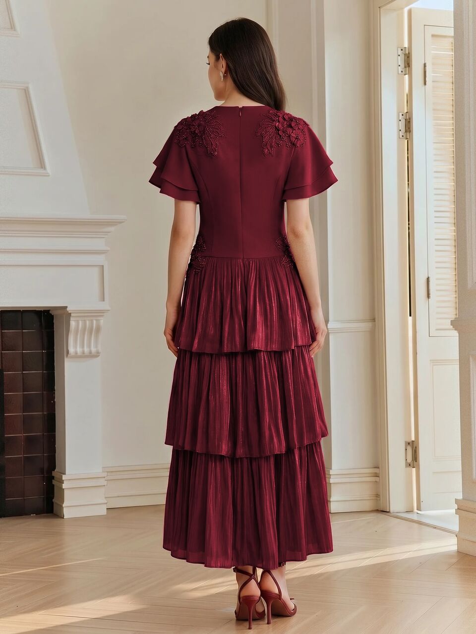 Spring/Summer 3D Floral Beaded Cake Long Dress, Glossy Satin Double Layer Flutter Sleeve Elegant Elegant Women's Mid-Length Skirt