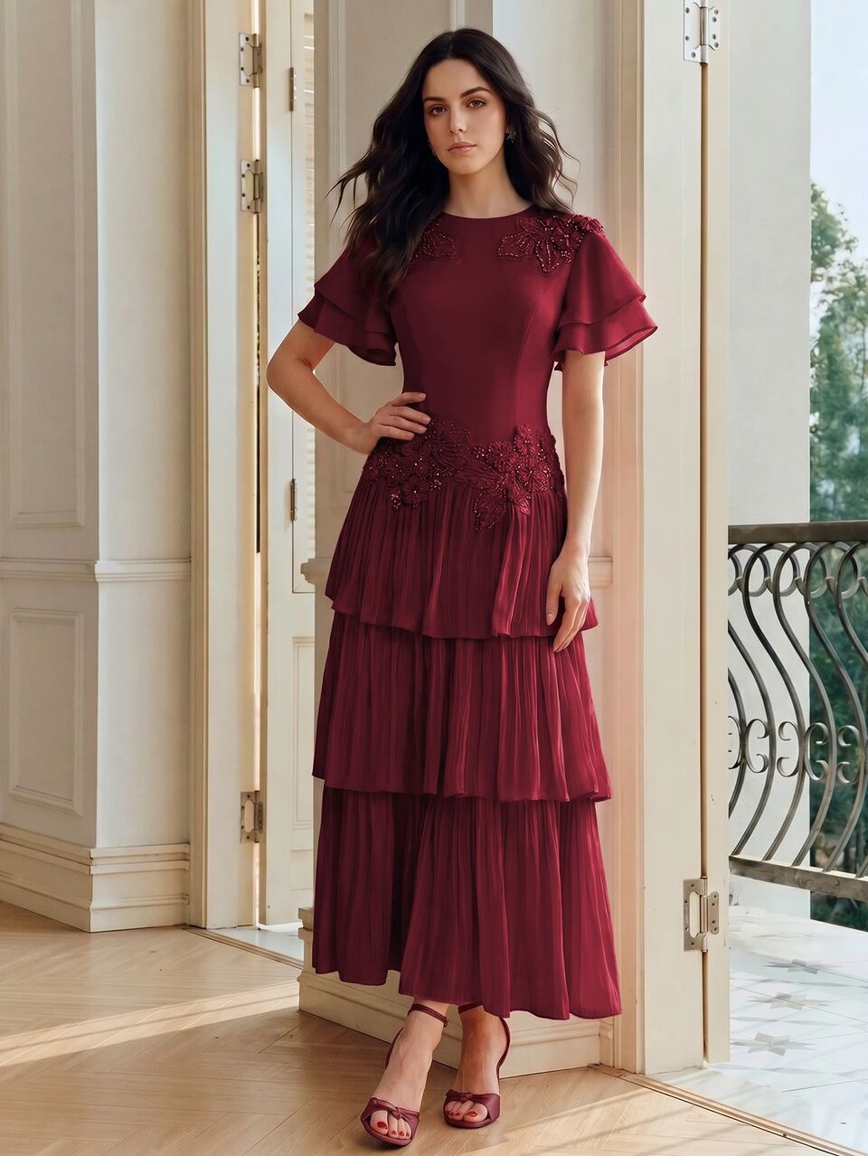 Spring/Summer 3D Floral Beaded Cake Long Dress, Glossy Satin Double Layer Flutter Sleeve Elegant Elegant Women's Mid-Length Skirt