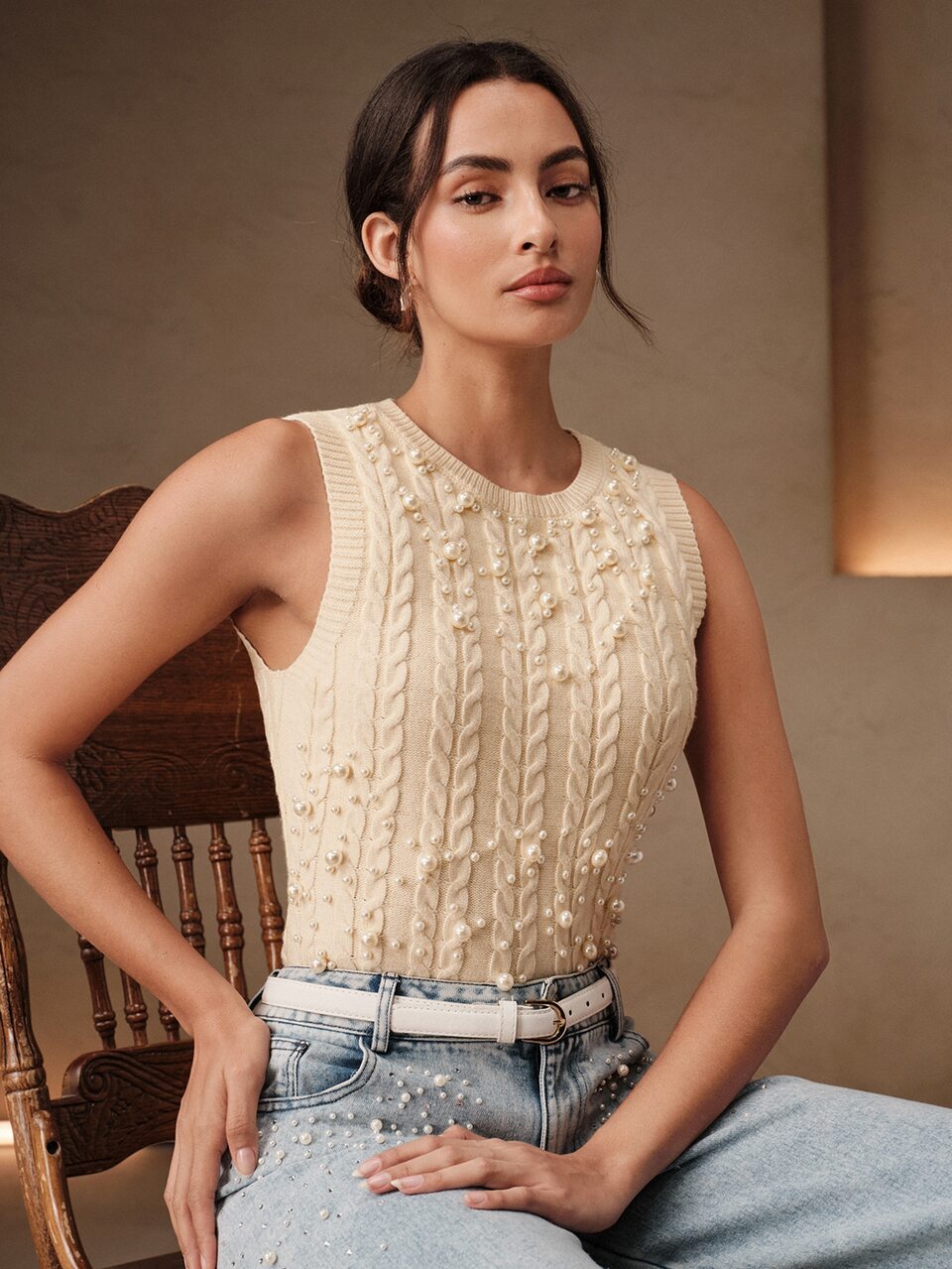 Women's Summer Pearl Decorated Knit Tank Top, Sleeveless Top For Vacation, Outings, Work, Valentine's Day, Daily Wear And Holiday Outfits