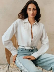 Anewsta Heavy Embellished 3D Floral Pearl Decorated White Blouse Loose Fit Versatile Women's Top - White - View 6