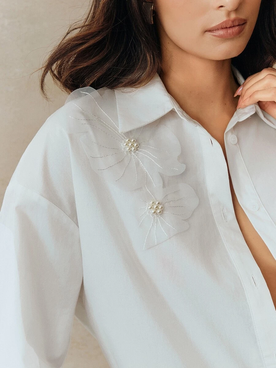 Anewsta Heavy Embellished 3D Floral Pearl Decorated White Blouse Loose Fit Versatile Women's Top - White - View 1