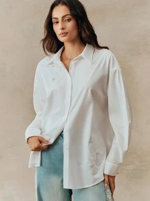 Anewsta Heavy Embellished 3D Floral Pearl Decorated White Blouse Loose Fit Versatile Women's Top - White - View 4