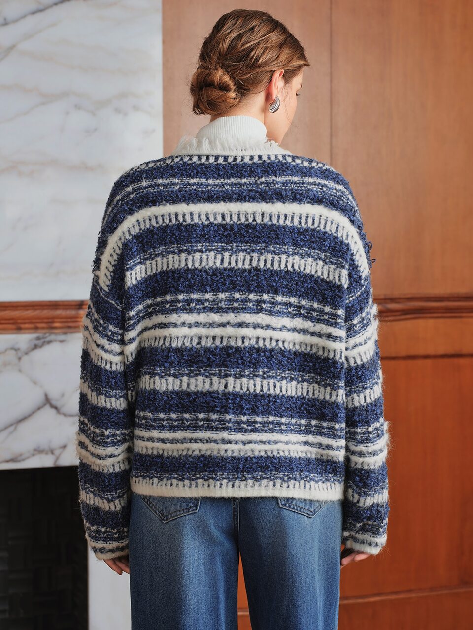 Autumn Elegant Striped Knit Distressed Fringed Hem Cardigan