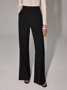 Anewsta Essential 3D Center Seam Side Slit Wide Leg Suit Pants, Drapey Smooth Wrinkle-Resistant No-Iron Knit Fabric, Black Floor-Length Flare Trousers For Work - Black - View 6