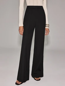 Anewsta Essential 3D Center Seam Side Slit Wide Leg Suit Pants, Drapey Smooth Wrinkle-Resistant No-Iron Knit Fabric, Black Floor-Length Flare Trousers For Work - Black - View 4