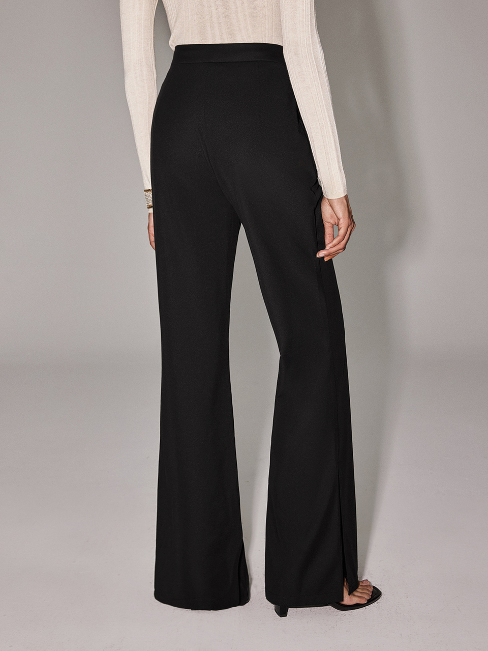 Anewsta Essential 3D Center Seam Side Slit Wide Leg Suit Pants, Drapey Smooth Wrinkle-Resistant No-Iron Knit Fabric, Black Floor-Length Flare Trousers For Work Autumn