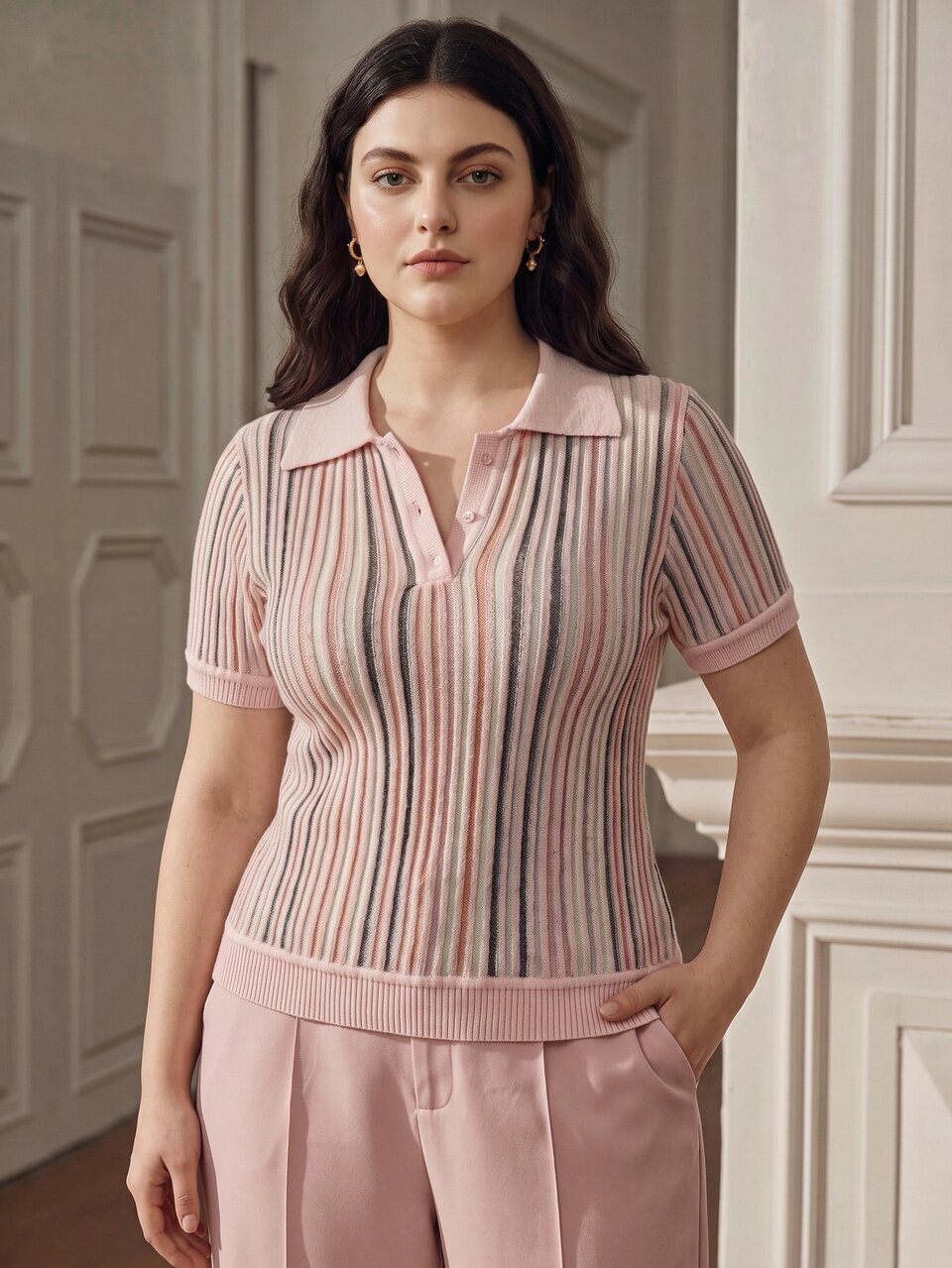 Women's Plus Size Colorful Striped Polo Collar Short Sleeve Top, Cute Casual Design, Summer