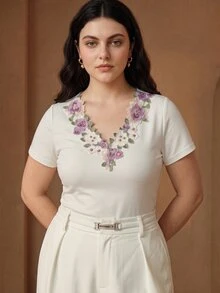 Anewsta Plus Size Women's Elegant French Romantic White Floral Embroidery Rhinestone V-Neck Short Sleeve Top For Office Ceremony - White - View 6