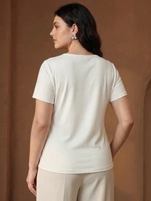 Anewsta Plus Size Women's Elegant French Romantic White Floral Embroidery Rhinestone V-Neck Short Sleeve Top For Office Ceremony - White - View 7
