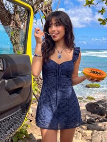 Sweetina 性感浪漫輕盈熱帶休閒梭織刺繡迷你洋裝 海灘度假海軍藍花卉夏季款 - 藏蓝色 - 查看 4