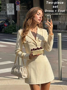 SHEIN MOD 女款單排扣長袖西裝外套與抹胸洋裝套裝，夏季服飾，優雅法式職場通勤穿搭，返校奶油色 - 淡黃色 - 查看 6