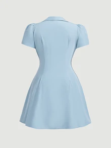 SHEIN MOD 大尺碼夏季休閒純色前扣短洋裝 - 藍色 - 查看 2