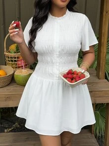 SHEIN MOD 大尺碼女款純色百褶休閒日常夏季短洋裝 - 白色 - 查看 1