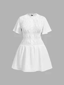 SHEIN MOD 大尺碼女款純色百褶休閒日常夏季短洋裝 - 白色 - 查看 7